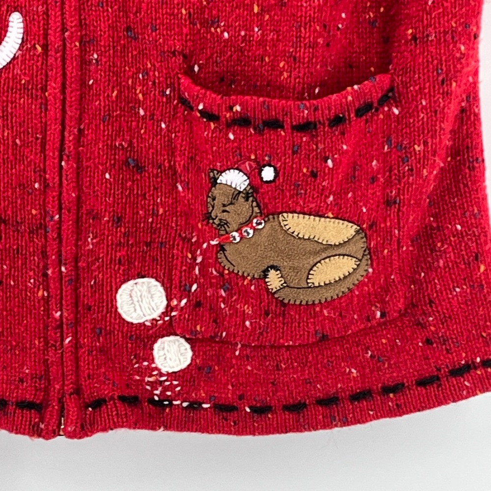 Crazy Horse Liz Claiborne Red Christmas Cat Knit Sweater Vest Zip Front Medium - Picture 4 of 9